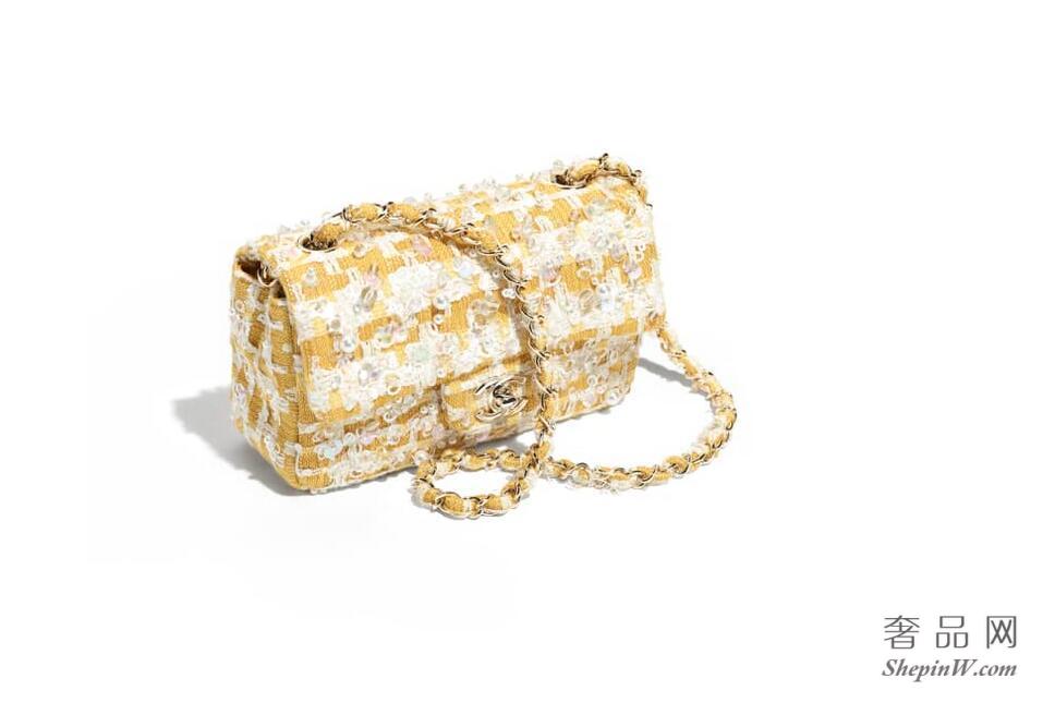 香奈儿chanel 黄与白色刺绣软呢Mini Flap Bag 迷你口盖包