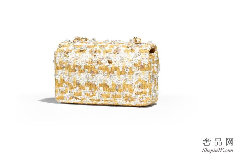 香奈儿chanel 黄与白色刺绣软呢Mini Flap Bag 迷你口盖包