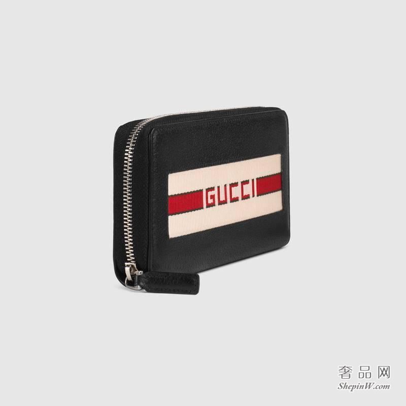 Gucci 459138 CWGRN 1094 黑色条纹皮革三面拉链钱包