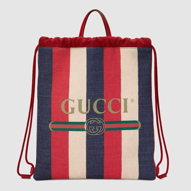 Gucci 条纹织带帆布中号抽绳背包款号473872 9SBAT 9089