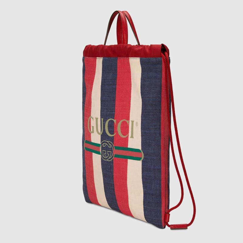 Gucci 条纹织带帆布中号抽绳背包款号473872 9SBAT 9089