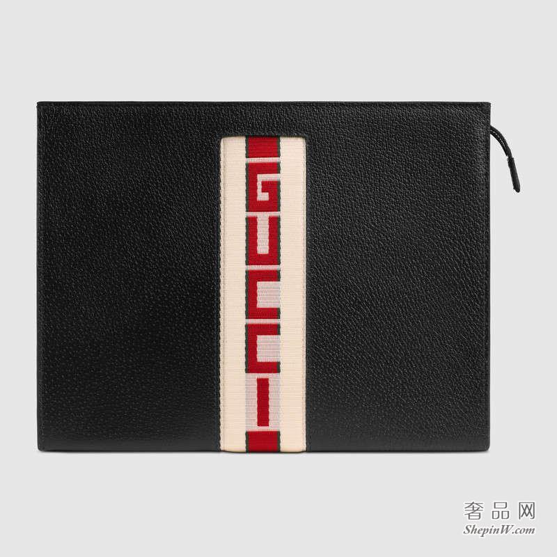 Gucci条纹皮革手拿包475316 CWGSN 1094