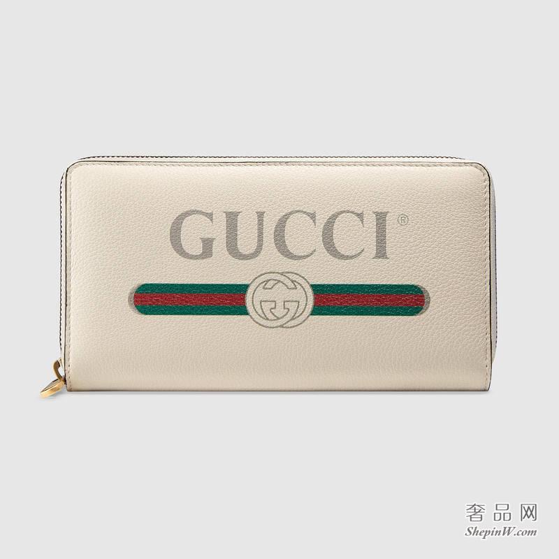 Gucci标识印花全拉链式钱包 粉色 白色496317 0GCAT 8820