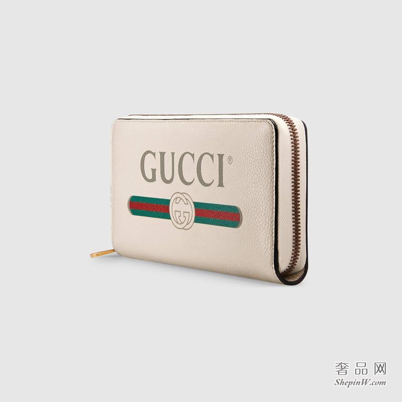 Gucci标识印花全拉链式钱包 粉色 白色496317 0GCAT 8820