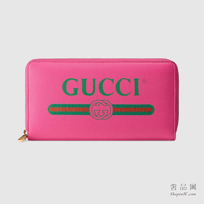 Gucci标识印花全拉链式钱包 粉色 白色496317 0GCAT 8820