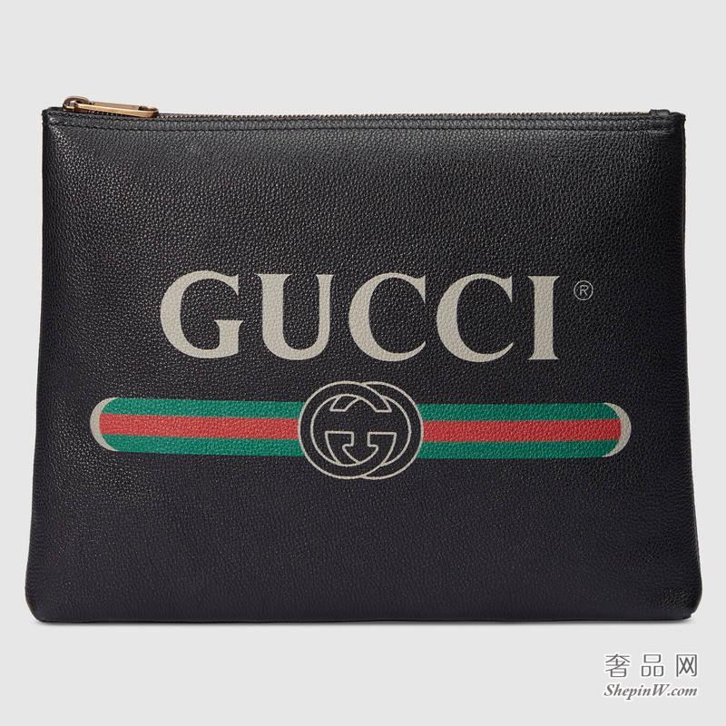 Gucci标识印花皮革中号手拿包 500981 0GCAT 8163