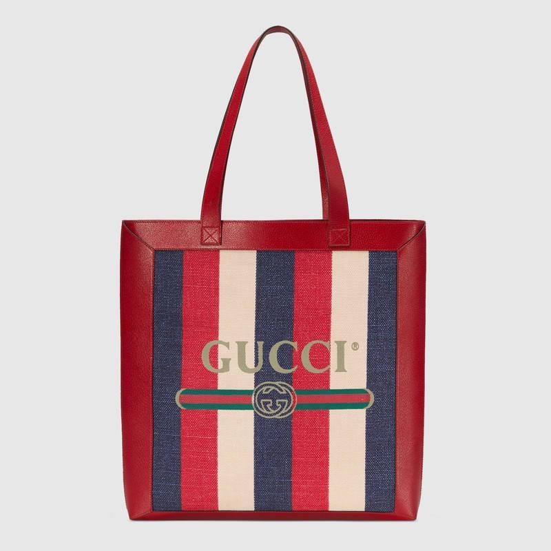 Gucci条纹织带帆布印花中号购物袋 款号523781 9SBBT 9089