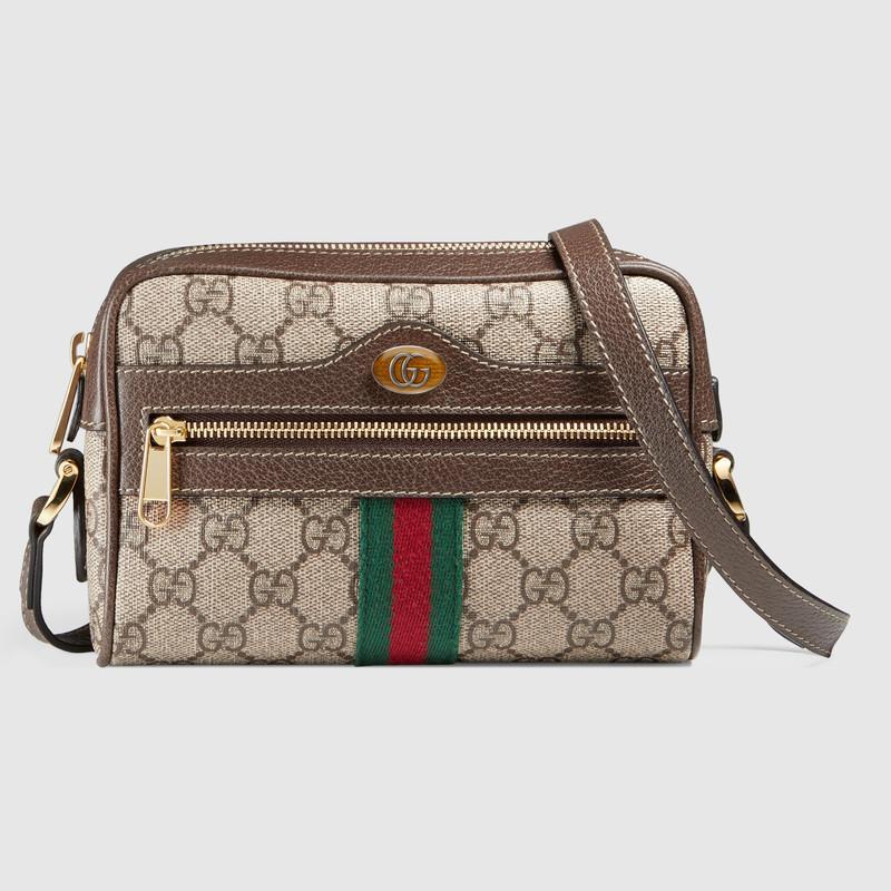 Gucci官网2018春夏款米色/乌木色 Ophidia系列高级人造帆布迷你手袋