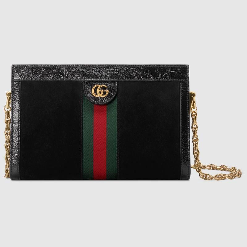 Gucci 2018春夏款 黑色麂皮 Ophidia系列小号肩背包