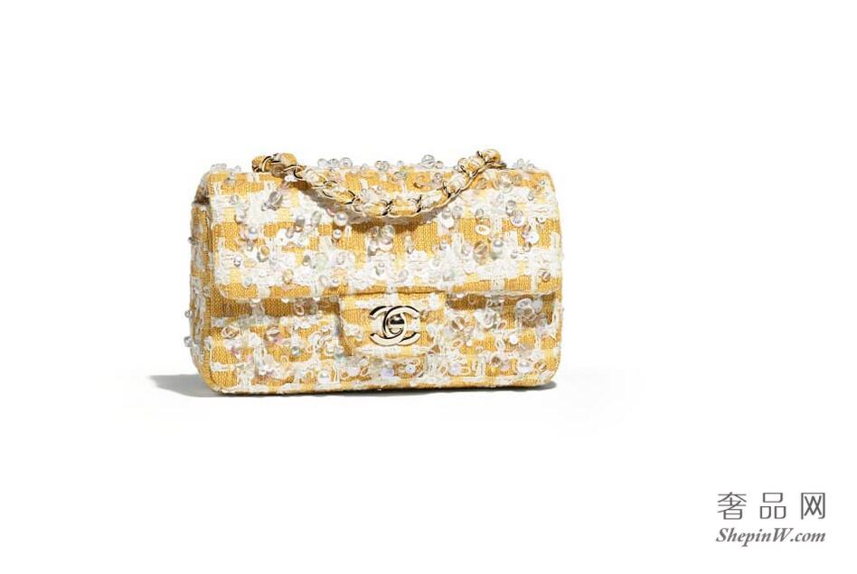 香奈儿chanel 黄与白色刺绣软呢Mini Flap Bag 迷你口盖包