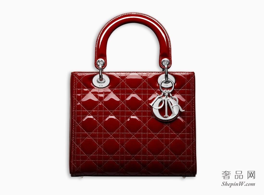 Dior迪奥“Lady Dior”樱桃红色Cannage藤格纹 漆皮小牛皮手提包