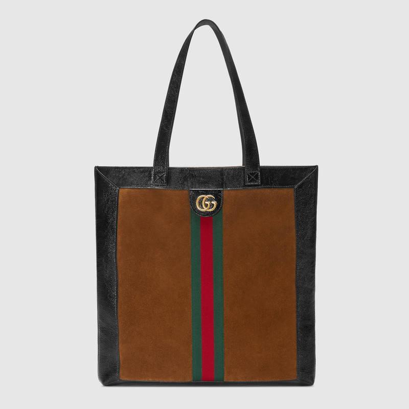 Gucci官网2018春夏款栗色麂皮 Ophidia系列麂皮大号购物袋