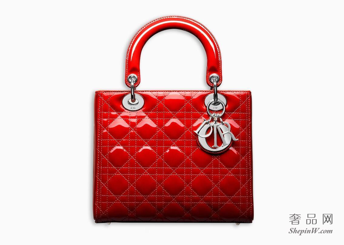 Dior迪奥“Lady Dior”鲜红色Cannage藤格纹 漆皮小牛皮手提包