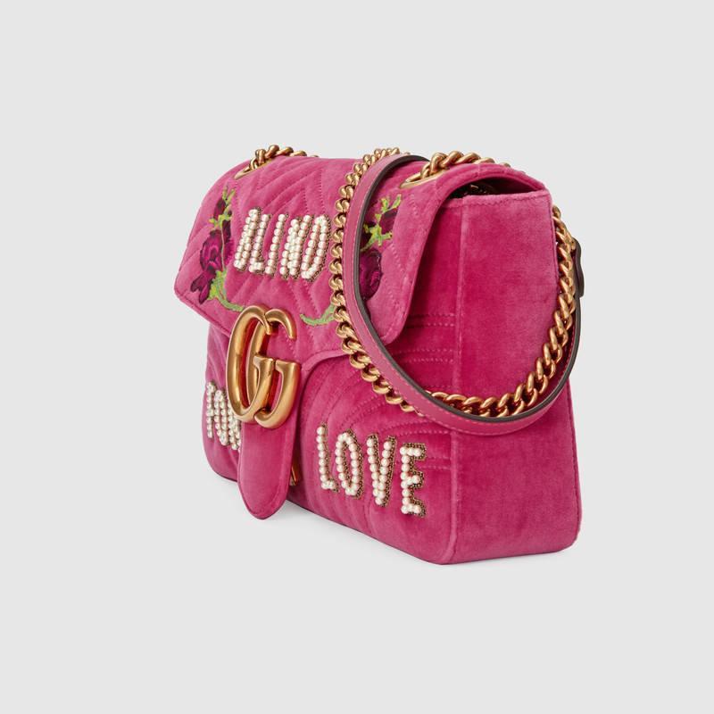 古驰Gucci GG Marmont树莓粉色中号天鹅绒手袋