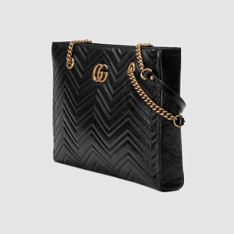 古驰Gucci 黑色绗缝皮革 GG Marmont系列绗缝中号购物袋