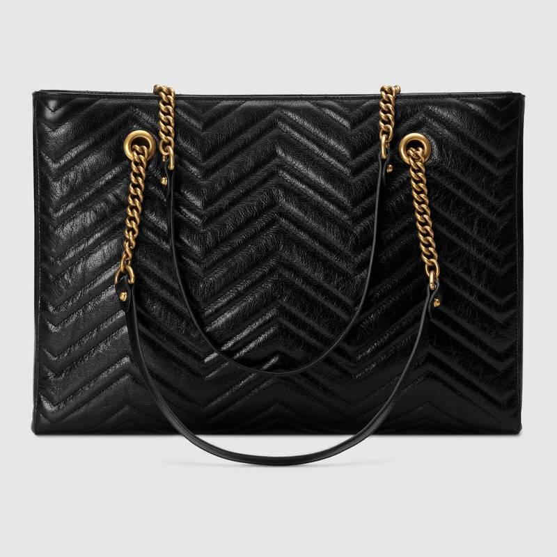 古驰Gucci 黑色绗缝皮革 GG Marmont系列绗缝中号购物袋
