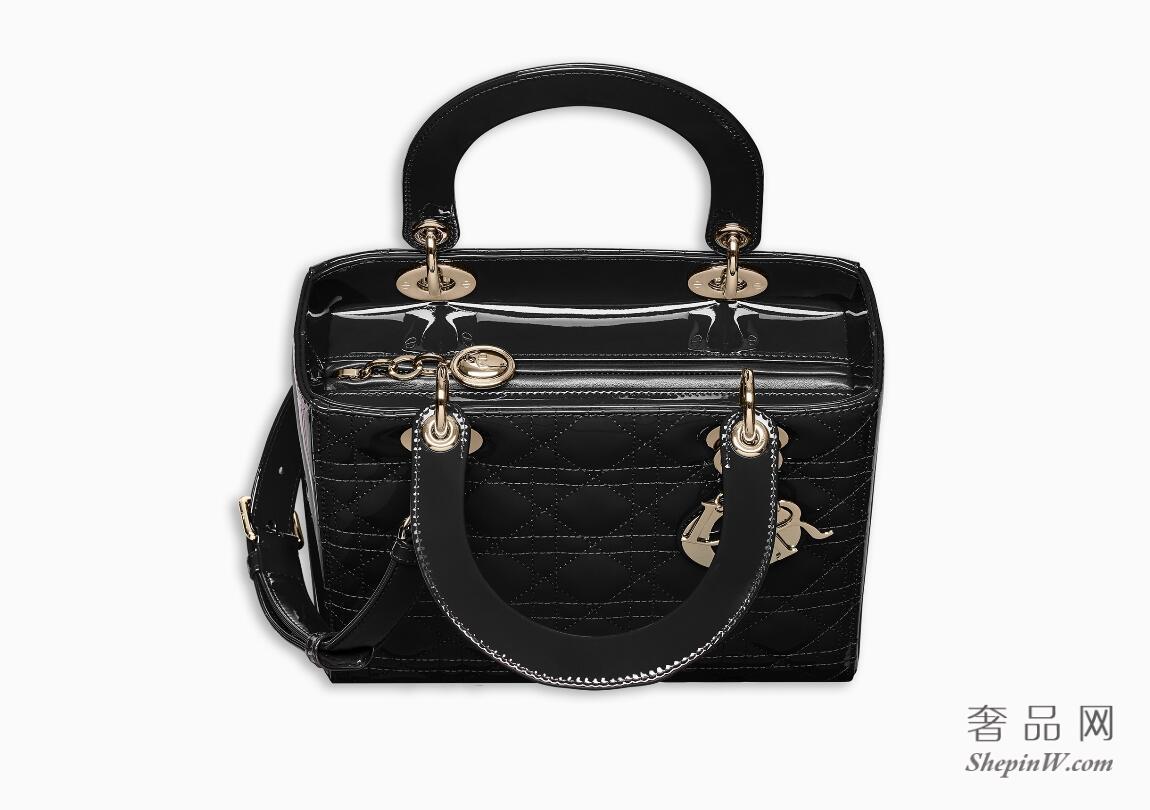 Dior迪奥“Diorama”黑色Cannage藤格纹 漆皮小牛皮手提包