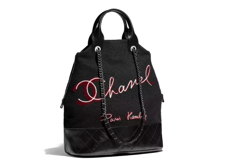 香奈儿Chanel 黑与红色刺绣羊毛 小牛皮 大号手提包