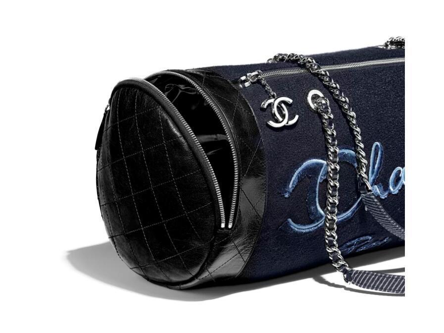 香奈儿Chanel 海军蓝与蓝 刺绣羊毛 小牛皮 保龄球包