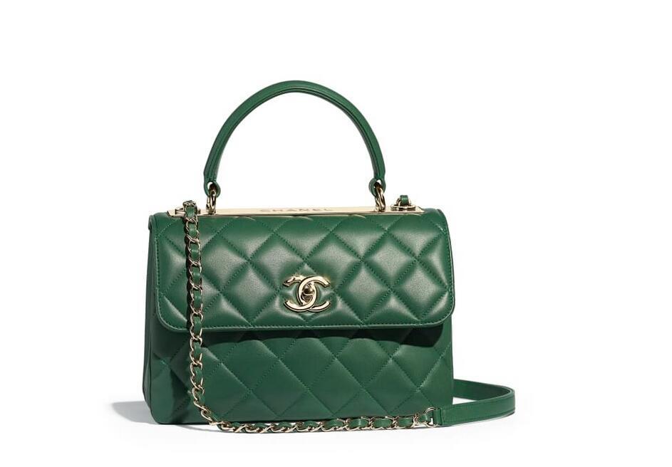香奈儿Chanel 小号口盖包配以手柄 绿色 羊皮革