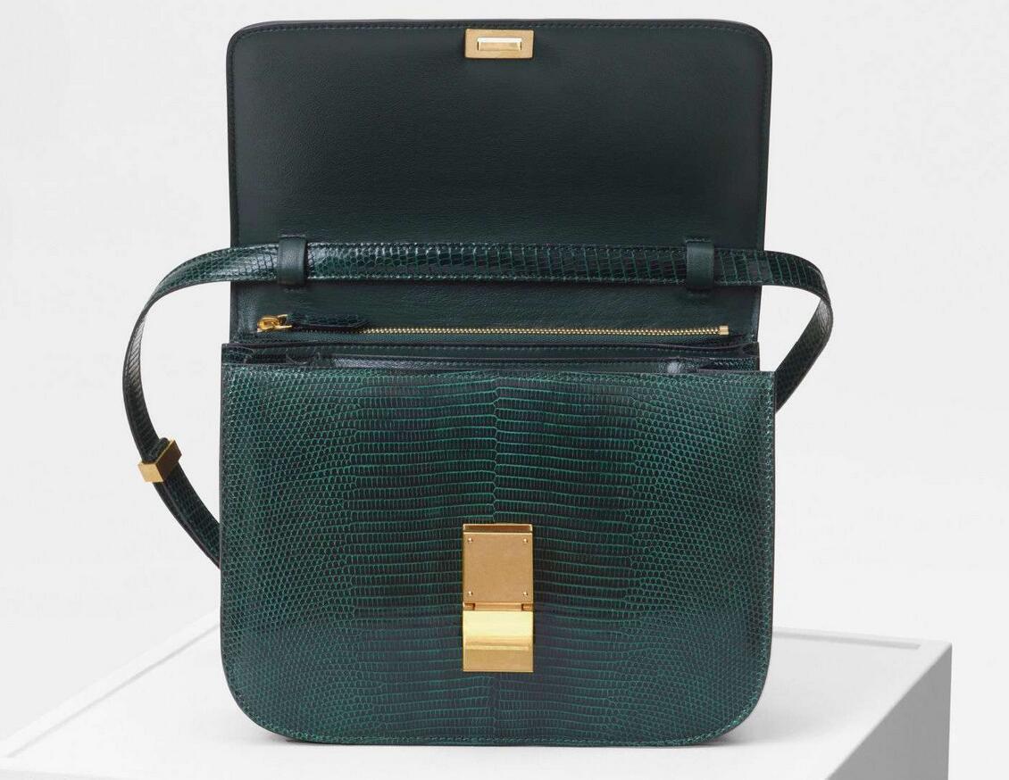 celine classic box 深绿色 中号蜥蜴皮手袋