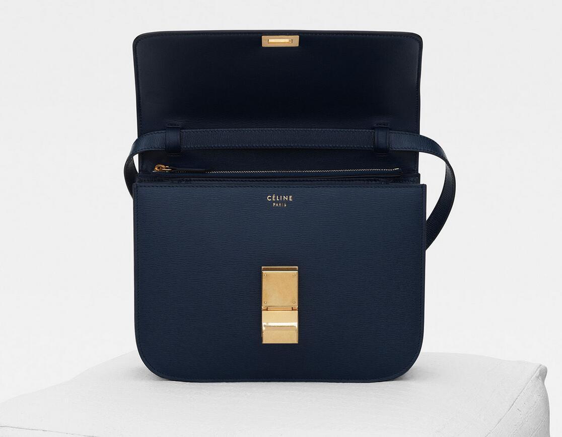 celine classic box 深海蓝 中号软木纹小牛皮手袋