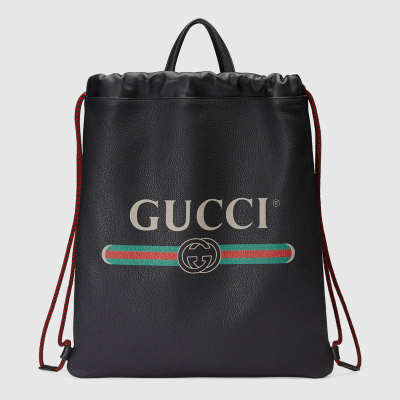 Gucci古驰 黑色 标识印花皮革抽绳背包 494053 0GCBT 8163