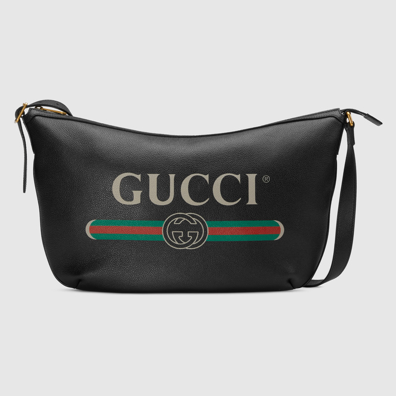 Gucci古驰 黑色皮革 Gucci印花半月形圆底包 523588 0GCAT 8163