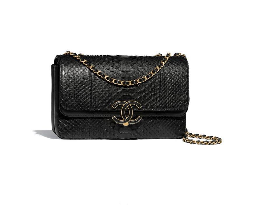 香奈儿chanel 官网包包图片价格 黑色蟒蛇皮、羊皮口盖包