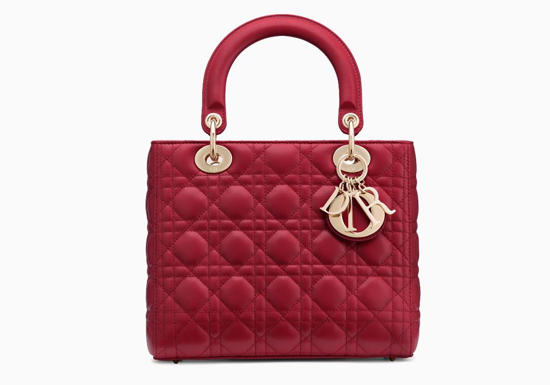 迪奥戴妃包 价格和图片 Lady Dior红色藤格纹小羊皮手提包