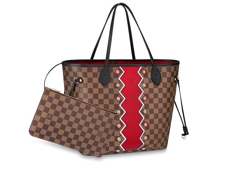 路易威登 LV Neverfull 中号手袋 N40047饰粒纹 宝石红锯齿形条纹