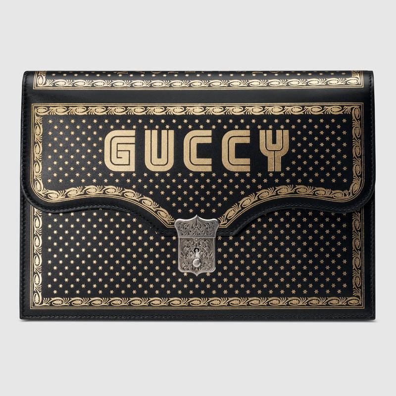 Gucci Guccy印花文件袋 黑色皮革  510422 0GUVN 8474