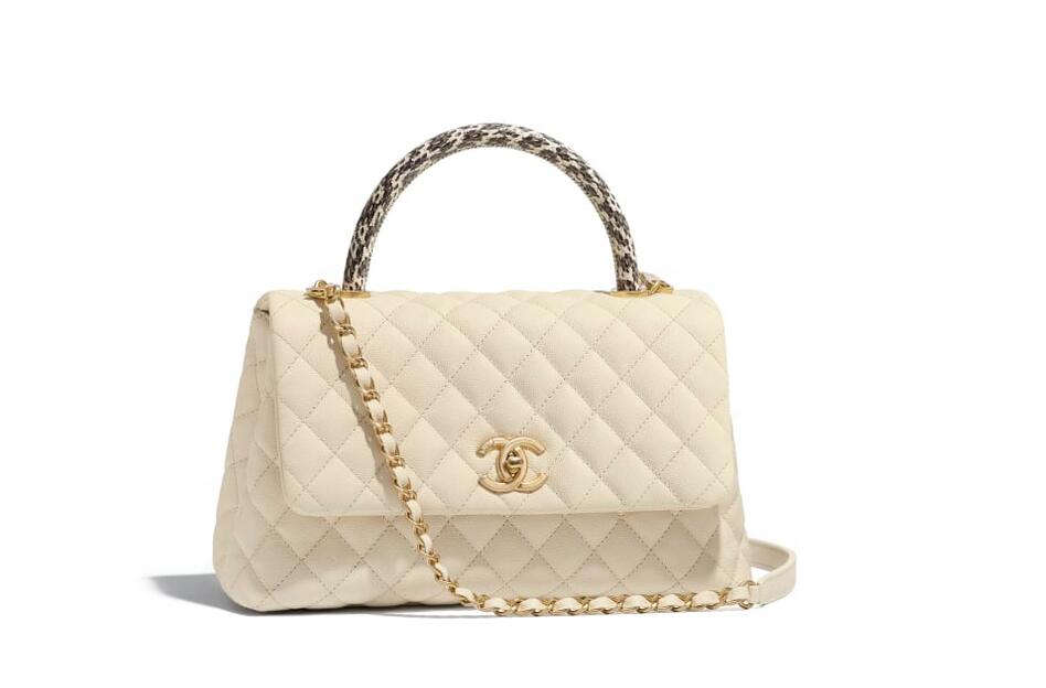 香奈儿 Chanel 口盖包 配以手柄 象牙白颗粒压花小牛皮、锦蛇皮