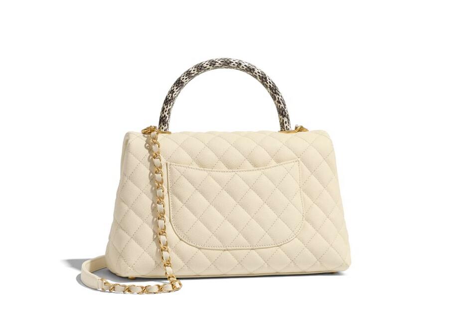 香奈儿 Chanel 口盖包 配以手柄 象牙白颗粒压花小牛皮、锦蛇皮