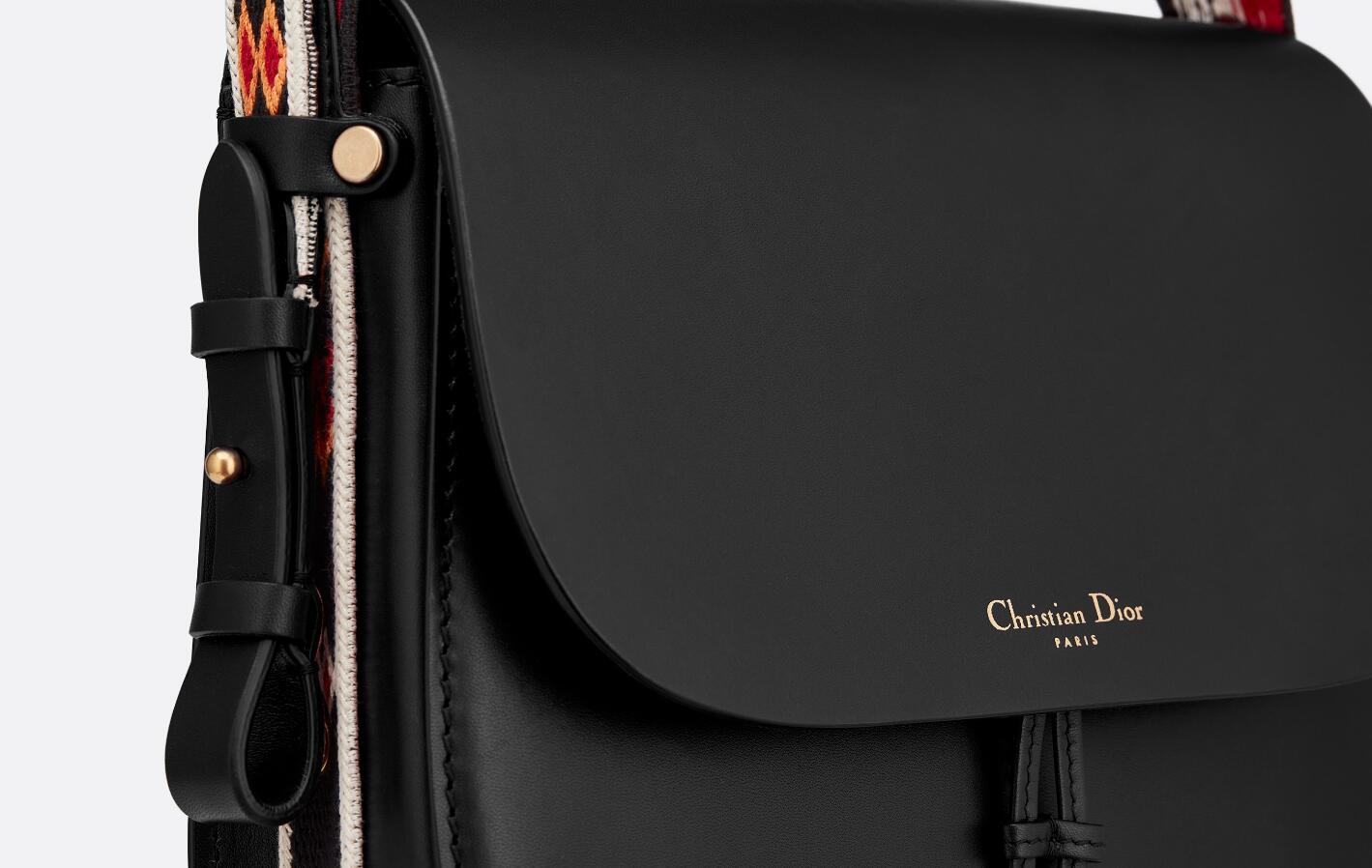 迪奥Dior DIORODEO黑色柔软小牛皮 翻盖式手提包 复古金色金属