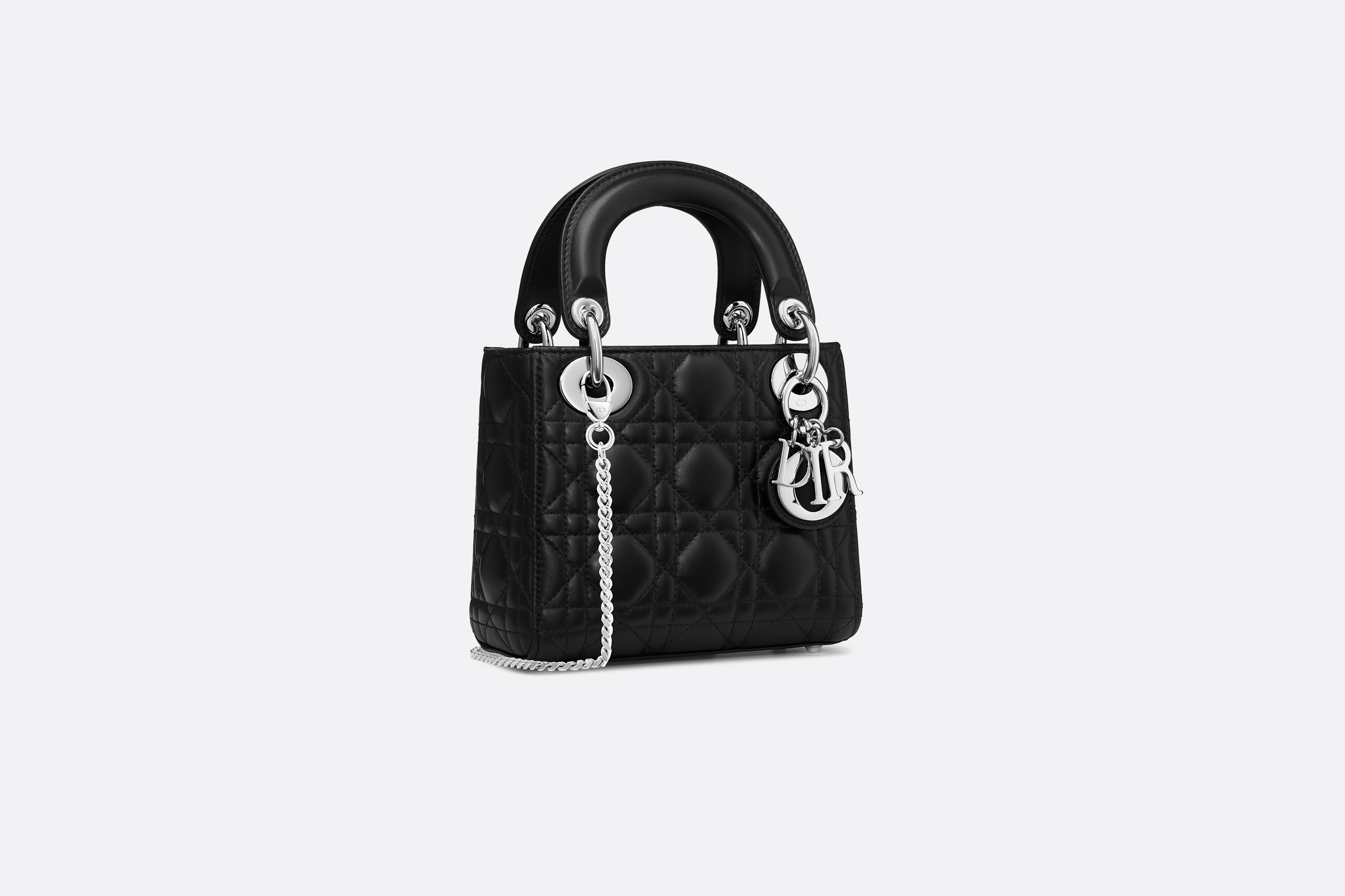 dior包包官网价格 迪奥Lady Dior黑色藤格纹小羊皮袖珍手提包