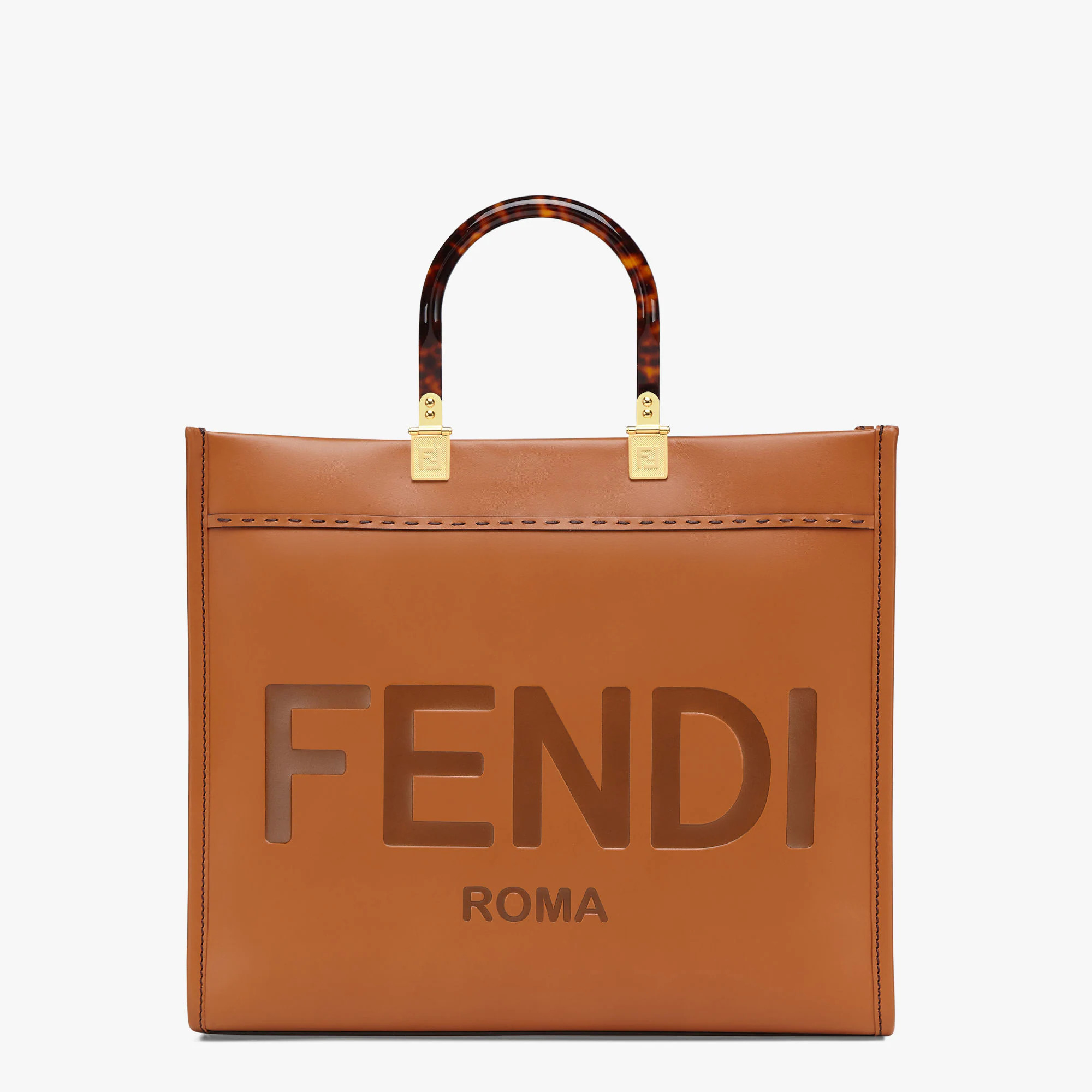 芬迪女包官网价格 Fendi Sunshine中号棕色皮革手提袋 中号阳光购物袋