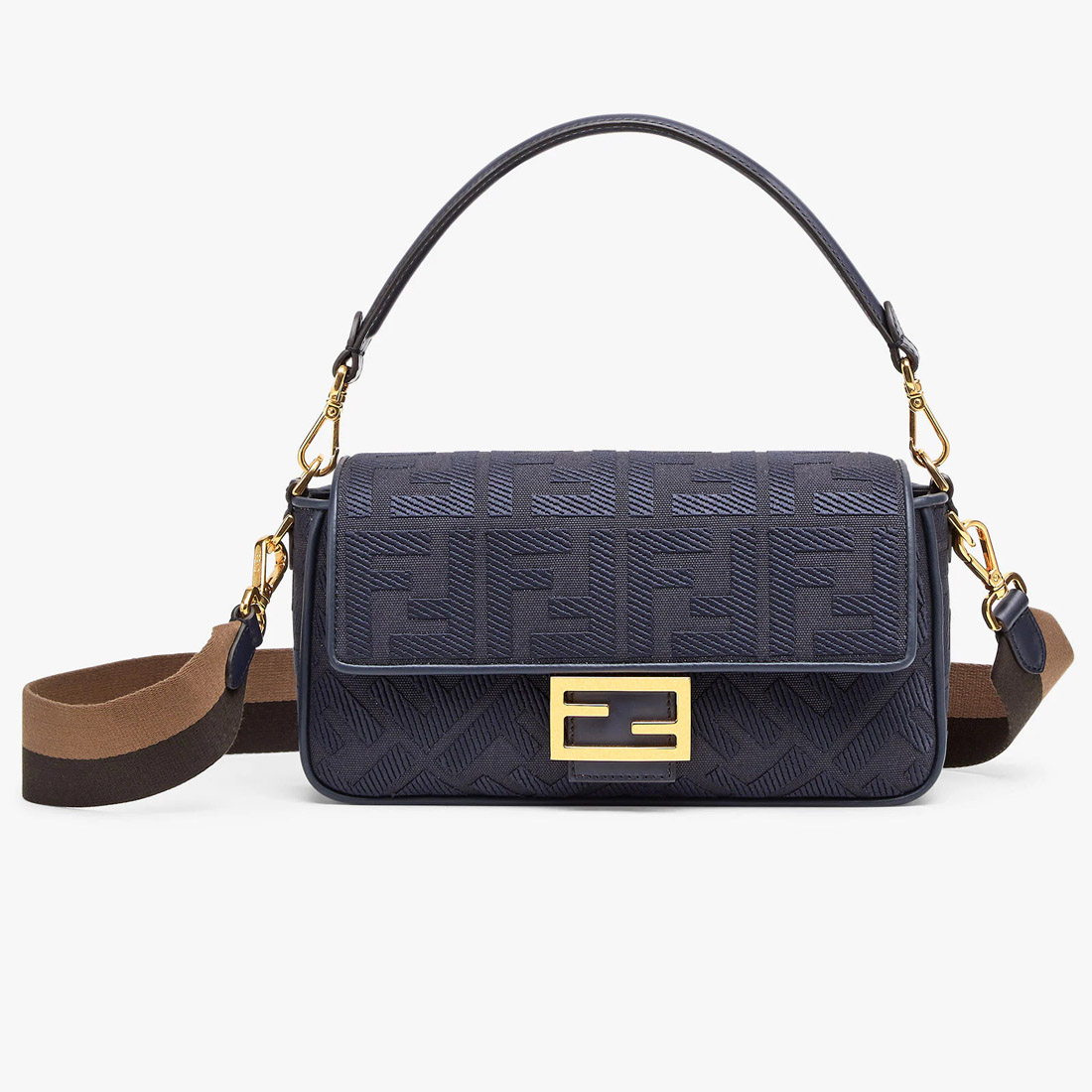 芬迪女包官网价格新款图片 Fendi Iconic Baguette 中号 深蓝色FF帆布手袋