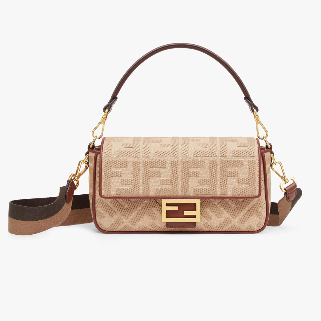 芬迪女包官网价格新款图片 Fendi Iconic Baguette中号 手袋 米色FF帆布手袋