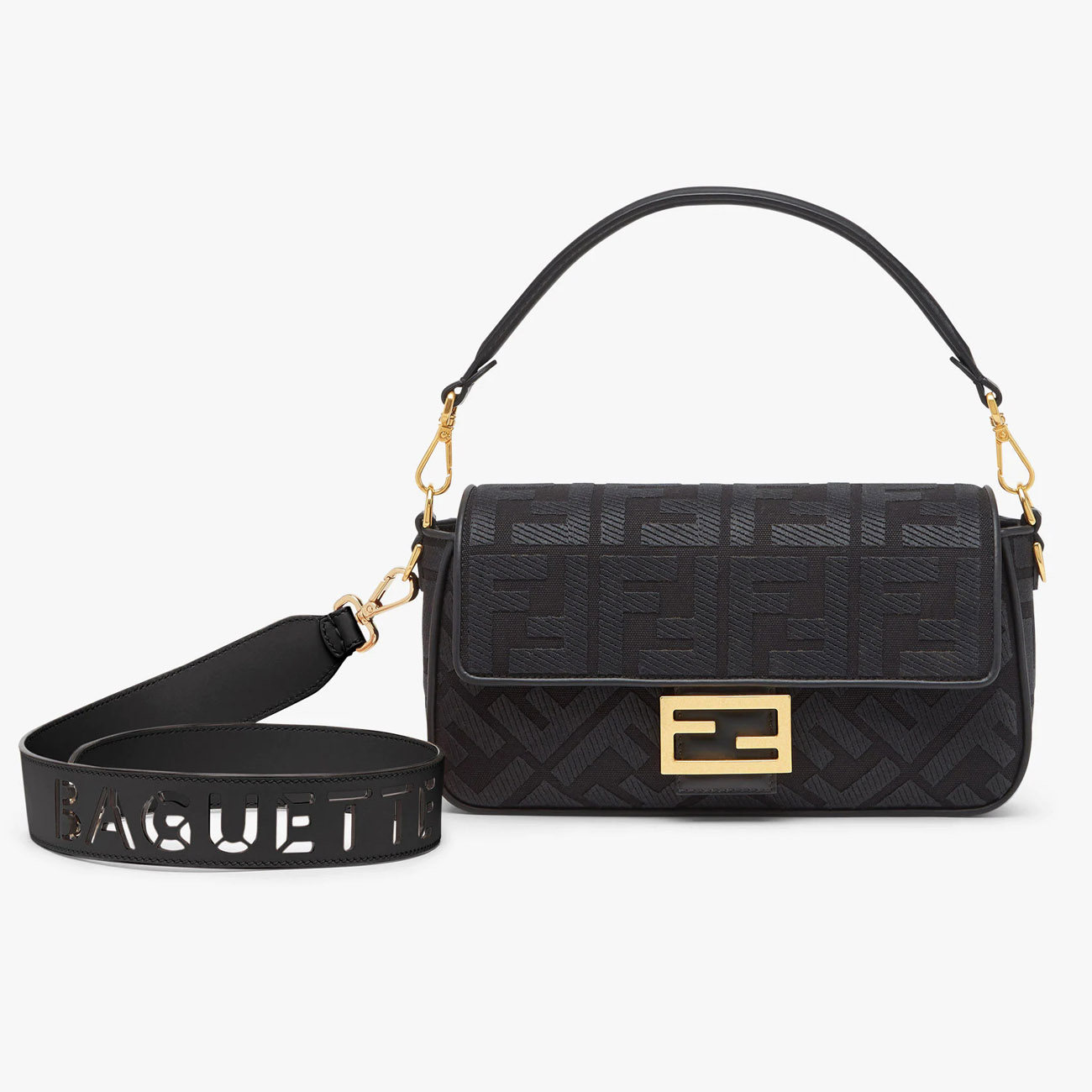 芬迪包包官网价格图片 Fendi Baguette手袋 中号 黑色FF帆布手袋