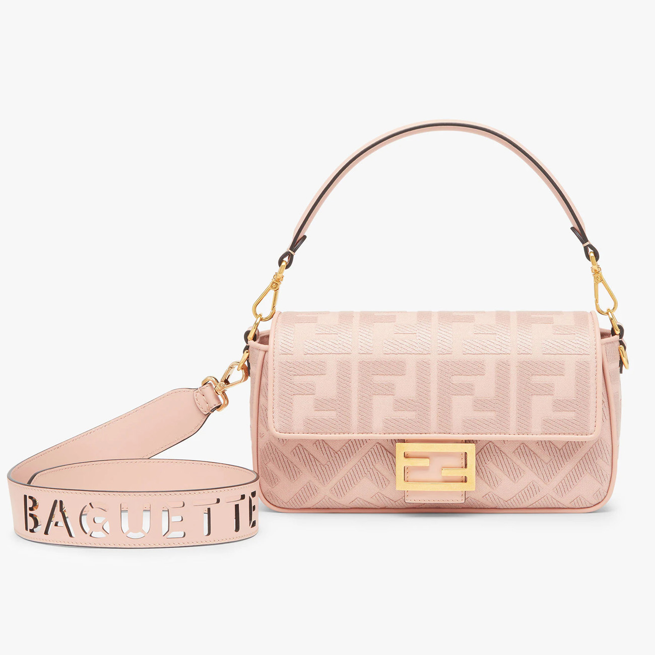 芬迪包包官网价格 Fendi Baguette 中号 粉红色FF帆布手袋